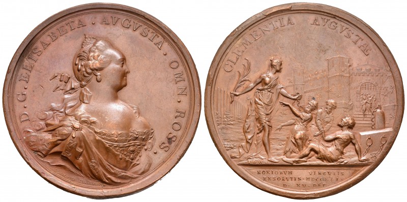 Rusia. Isabel. Medalla. 1741. (Diakov-85.2). Rev.: Fijura femenina con palma lib...