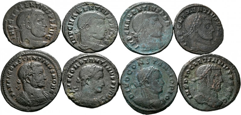 Lote de 8 bronces del Bajo Imperio Romano ,4 follis de Majencio, 3 follis de Con...