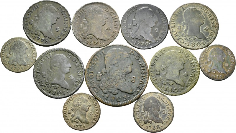 Lote de 11 monedas de cobre, siete de Carlos III, 2 maravedís (4), 4 maravedís (...