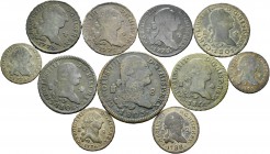 Lote de 11 monedas de cobre, siete de Carlos III, 2 maravedís (4), 4 maravedís (3) y cuatro de Carlos IV, 8 maravedís (1), 4 maravedís (3). A EXAMINAR...