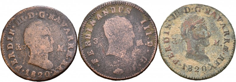 Lote de 3 piezas de 3 maravedís Pamplona, 1820 (2), 1830. A EXAMINAR. BC/BC+. Es...