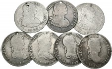 España. Lote de 7 monedas diferentes de 4 reales, Carlos IV (3) y Fernando VII (4). Todas con agujero o agujero tapado. A EXAMINAR. BC-/BC. Est...90,0...