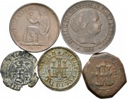 España. Lote de 5 monedas de cobre diferentes, Reyes Católicos (1), Felipe III (2), Isabel II (1) II República (1). A EXAMINAR. BC+/MBC+. Est...40,00....