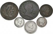Lote de 6 piezas de Isabel II, 3 de bronce (8 maravedís de Jubia 1839, 2 1/2 céntimos de escudo 1868 de Jubia, 1 céntimo de escudo 1868 de Sevilla) y ...