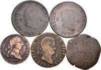 Lote de 5 monedas de cobres españolas, 4 maravedís de Cuenca de Fernando e Isabel, 4 maravedís de Segovia 1776, 8 maravedís de Jubia 1819, 8 maravedís...