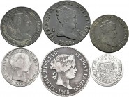 Lote de 6 monedas de cobre y plata españolas, Isabel II (5) y Felipe V (1). A EXAMINAR. BC+/MBC+. Est...70,00.