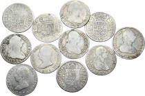 Lote de 11 monedas de plata de la Monarquía Española, 4 reales (1809 Madrid, 1811 Madrid) y 2 reales (1721 Madrid, 1758 Sevilla, 1761 Madrid (2), 1778...