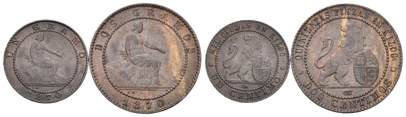 Lote de 2 monedas del Gobierno Provisional 1 y 2 céntimos. A EXAMINAR. MBC+. Est...