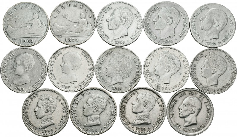 Lote de 14 piezas de 50 céntimos, 1869, 1870, 1880, 1881, 1885, 1889, 1892, 1894...