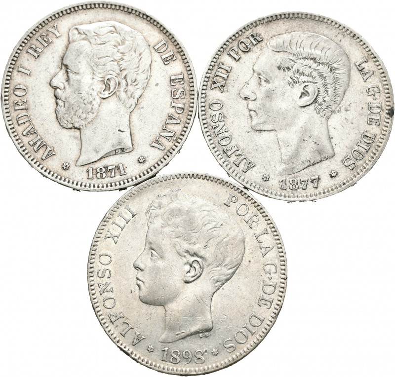 Lote de 3 monedas de 5 pesetas, 1871*18-71, 1877 y 1898. A EXAMINAR. MBC. Est......