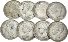 Lote de 8 monedas de 5 pesetas, Amadeo I (2), Alfonso XII (3) y Alfonso XIII (3). A EXAMINAR. BC/MBC-. Est...120,00.