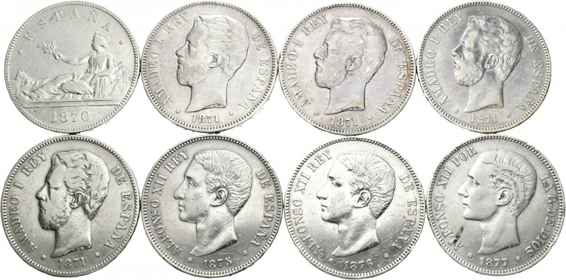 Lote de 34 piezas de 5 pesetas y un peso, 1870, 1871 (4), 1875, 1876, 1877, 1878...