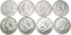 Lote de 34 piezas de 5 pesetas y un peso, 1870, 1871 (4), 1875, 1876, 1877, 1878 (2), 1879, 1881, 1882 (2), 1883, 1884, 1885 (4), 1888, 1889, 1890 (2)...