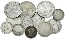 España. Lote de 12 monedas espaloas de plata, 2 reales FELIPE V 1724, 50 céntimos ALFONSO XII 1880, 50 céntimos ALFONSO XIII 1904 (3), 50 céntimos ALF...