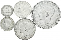Centenario de la Peseta (1868-1931). Alfonso XIII (1886-1931). Puerto Rico. PGV. Ag.  Serie completa de 5 valores, 5, 10, 20, 40 centavos y 1 peso. Mu...