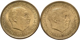 Lote de 2 piezas de 2,5 pesetas 1953*19-54, 1953*19-56. A EXAMINAR. EBC/SC-. Est...40,00.
