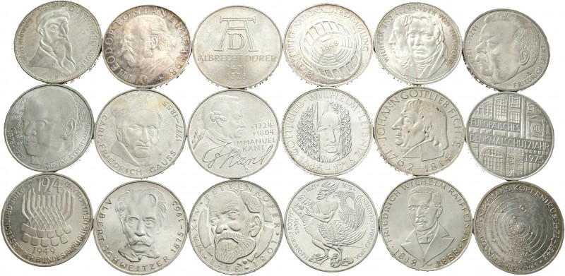 Alemania.  Lote de 18 monedas de 5 marcos, 1964, 1966, 1967, 1968 (2), 1969, 197...