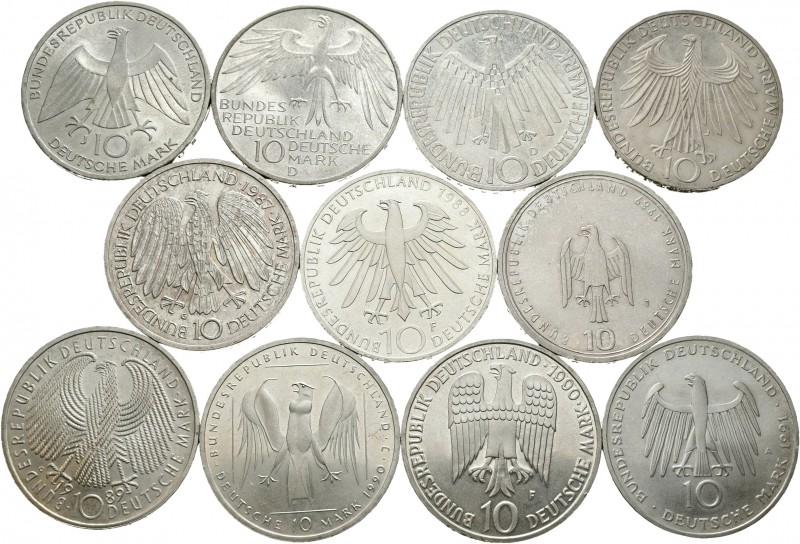 Alemania. Lote de 11 piezas de 10 marcos, 1972 (4), 1988, 1989 (2), 1990 (2), 19...