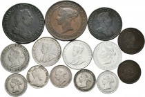 Lote de 14 piezas de Ceylan, 1/92 rixdollar (1802), 1/2 de stiver (1815), 1 stiver (1815), 2 stiver (1815), 5 cents (1870), 25 cents (1893, 1895, 1899...