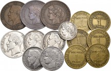 Francia. Lote de 15 monedas de Francia, 10 cents 1864 BB, 1875 K y 1897 A; 50 cents 1894A; 1 franco 1867BB, 1868 A, 1868 BB y 1872 K; 2 francos 1866 A...