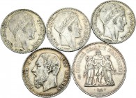 Francia. Lote de 5 monedas de plata, 5 francos belgas 1873, 20 francos franceses 1934 (3) y 50 francos franceses 1977. A EXAMINAR. MBC+/EBC-. Est...10...