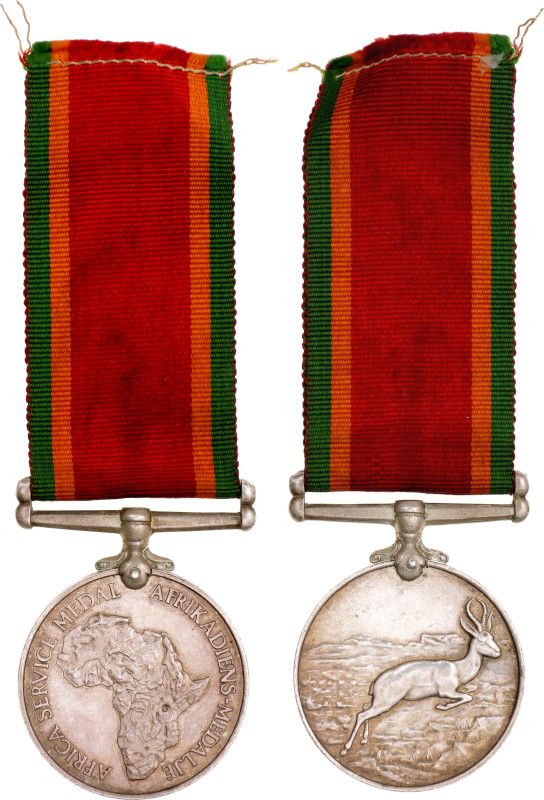 South Africa Africa Service Medal 1943 Barac# 33, Ag 36mm; With original ribbon;...