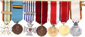 Belgium Bar with 7 Miniatures 19 - 20 Century Silver/Bronze; With original ribbons; Enameled; first-class civic decoration clasp "1914-1918", a politi...