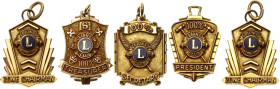 Freemasons 5 Gold Masonic Badges 20 - th Century Gold (0,417) 10,73g. (4,47g. fine); Enameled; with hallmarks; Condition-I