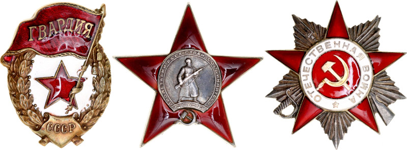 Russia - USSR Set of 2 Orders and Badge "Guard" 1946 Barac# 970, 988, Boev# КЗ.5...