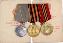 Russia - USSR Medal Bar of 3 Medals 1945 Boev# БЗ.2.1.1., ЗДТ.1., МВБр.1., Ag, AE; With original ribbon; with documents presented by Khokhlov V.T.; or...