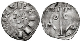 García Sánchez III, of Nájera (1035-1054). Dinero. Najera. (Ros-3.2.2, Plate Coin). Anv.: GARCIA REX. Bust to left. Rev.: NAI-ARA. Tree crowned by a c...