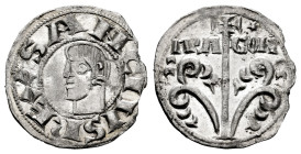 Sancho Ramírez (1063-1094). Dinero. Jaca (Huesca). (Ros-3.4.1/7 var). Anv.: SANCIVS REX. Head to the left. Rev.: ARA-GON. Tree topped by a cross, with...