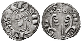 Sancho Ramírez (1063-1094). Dinero. Jaca (Huesca). (Ros-3.4.1/7 var). Anv.: : SANCIVS REX. Head to the left. Rev.: ARA-GON. Tree topped by a cross, wi...