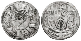 Sancho Ramírez (1063-1094). Dinero. Jaca (Huesca). (Ros-3.4.8). Anv.: SAN · CIVS REX. Head to the left. Rev.: ARA-GON. Tree topped by a cross, with tw...