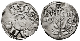 Sancho Ramírez (1063-1094). Dinero. Jaca (Huesca). (Ros-3.4.9/3). (Cru V.S-203 var.). Anv.: SANCIVS REX. Head to the right. Rev.: ARA-GON. Tree topped...