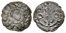 Sancho Ramírez (1063-1094). Dinero. Jaca (Huesca). (Ros-3.4.9/3 var). Anv.: SANCIVS · REX. Head to the right. Rev.: ARA-GON. Tree topped by a cross, w...