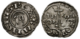 Sancho Ramírez (1063-1094). Dinero. Jaca (Huesca). (Ros-3.4.9/4). (Cru V.S-200). Anv.: : SANCIVS · REX. Head to the right. Rev.: ARA-GON. Tree topped ...