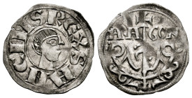 Sancho Ramírez (1063-1094). Dinero. Jaca (Huesca). (Ros-3.4.9/6). (Cru V.S-203.1 var). Anv.: SANCIVS REX. Head to the right. Rev.: ARA-GON. Tree toppe...