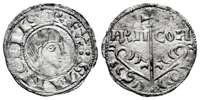 Sancho Ramírez (1063-1094). Dinero. Jaca (Huesca). (Ros-Unlisted). Anv.: : SANCIVS · REX. Head to the right. Rev.: ARA-GON. Tree topped by a cross, wi...
