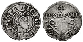 Pedro el de Huesca (1094-1104). Dinero. Monzón (Huesca). (Ros-3.5.2, Plate coin). Anv.: ︙PETRVS · SANCII. Head to right. Rev.: MON - S˙ON. Tree topped...
