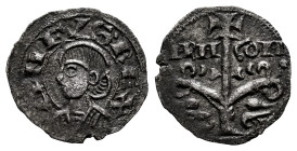 Alfonso, I the ´Batallador´ (1104-1134). Obol. Jaca (Huesca). (Ros-3.6.2 var). (Cru V.S-218). Anv.: ANFVS•REX. Bust to left. Rev.: ARA-GON. Tree toppe...