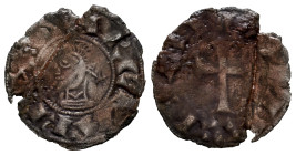 García Ramírez IV, the Restorer (1134-1150). Dinero. Navarre. (Ros-3.7.9). Anv.: ︙GARCIA REX. Bust to left. Rev.: NAVARA. Cross on mound made with tri...