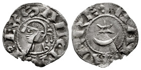 Sancho VII, the Strong (1194-1234). Dinero. Navarre. (Ros-3.9.2). Anv.: : SANCIVS · REX. Bust to left. Rev.: : NAVARRE. Crescent and starry roundel. B...