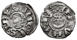 Sancho VII, the Strong (1194-1234). Dinero. Navarre. (Ros-3.9.2 var). Anv.: : SANCIVS · REX. Bust to left. Rev.: : NAVARRE. Crescent and starry rounde...