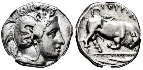Lucania. Thurium. Distater. 350-300 BC. (HN Italy-1807). (Sng Ans-972). Anv.: Head of Athena right, wearing crested Attic helmet decorated with Scylla...
