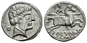 Areikoratikos-Arekoratas. Denarius. 150-20 BC. Agreda (Soria). (Abh-105). (Acip-1773). (MIB-102/24a, Plate Coin). Anv.: Male head right, iberian lette...