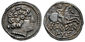 Areikoratikos-Arekoratas. Denarius. 150-20 BC. Agreda (Soria). (Abh-109). (Acip-1759). (MIB-102/17f, Plate Coin). Anv.: Male head right, behind pellet...