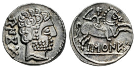 Baskunes-Barskunes. Denarius. 120-20 BC. Pamplona. (Abh-215). (Acip-1630). (MIB-87/14). Anv.: Bearded head right, iberian legend BENKODA behind. Rev.:...