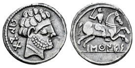 Baskunes-Barskunes. Denarius. 120-20 BC. Pamplona. (Abh-215). (Acip-1634). (MIB-87/11a). Anv.: Bearded head right, iberian legend BENKODA behind. Rev....