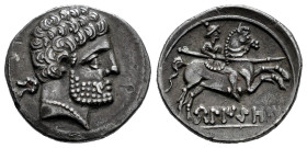 Belikiom. Denarius. 120-20 BC. Belchite (Zaragoza). (Abh-241). (Acip-1432). (MIB-76/3). Anv.: Bearded head right, iberian letter BE behind. Rev.: Hors...